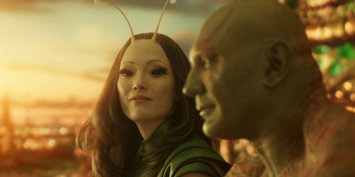 Dave Bautista's Drax comforting Pom Klementieff Mantis in Guardians of the Galaxy Vol. 2