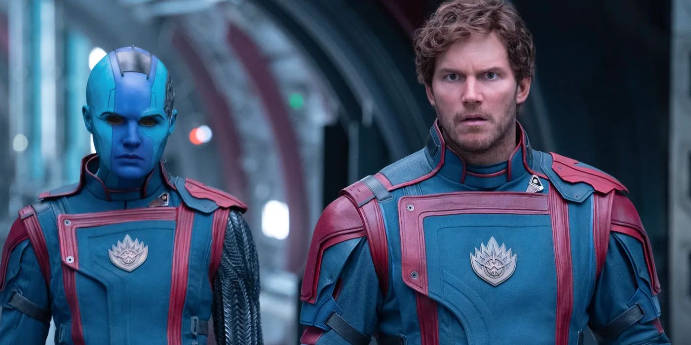 Karen Gillen as Nebula and Chris Pratt as Starlord wearing red and navy outfits in Guardians of the Galaxy Vol 3